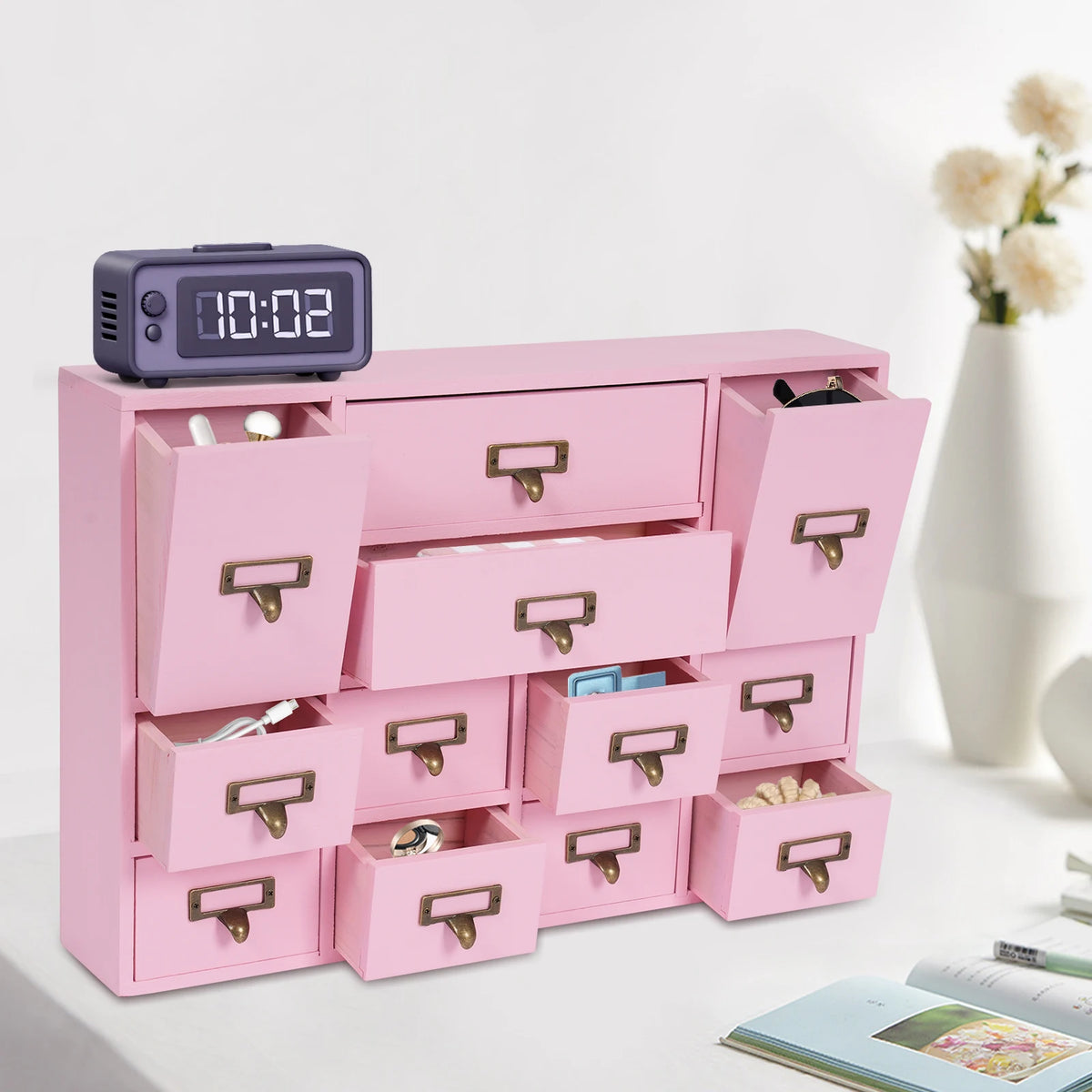 Desktop Drawer Organizer 12 Drawers, Wooden Desk Storage Box with Label Slots, Multipurpose Countertop Small Parts Cabinet, Office Craft Jewelry Art Supplies Home Counter Cosmetics Dock, No Assembly Needed, Brown/Black/Pink/B