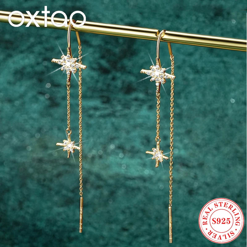 OXTAO Long Tassel Drop Earrings 100% Real 925 Silver Chain Moissanite Star Ear Line Earring Wedding Party Jewelry Gift for Women