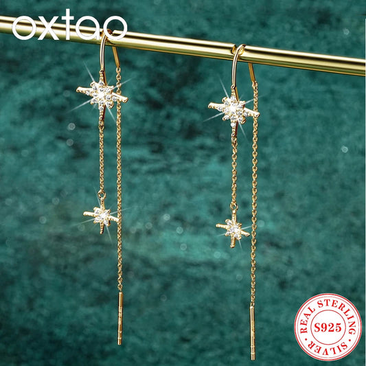 OXTAO Long Tassel Drop Earrings 100% Real 925 Silver Chain Moissanite Star Ear Line Earring Wedding Party Jewelry Gift for Women