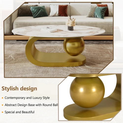 Modern Oval Coffee Table With Marble Pattern Sintered Stone Top Gold Base