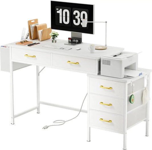 Computer Desk with Charging Station, Home Office Desks with Fabric Drawer File Cabinet Printer Stand, Vanity Desk, White