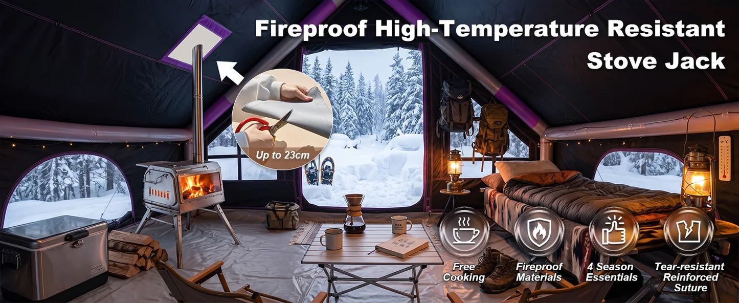 SENLEETO 67.8 SqFt Inflatable Camping Tent for 2-3 Person with Stove Jack,Black Coating Easy Setup Blow Up Tent with Skylight AC Vent Mesh Window