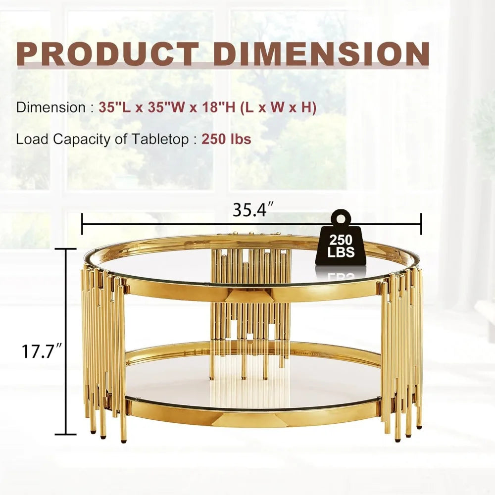 2-Tier Glass Coffee Table for Living Room, 35 inch Round Center Table with Tempered Glass Top and Stainless Steel Frame for Apar