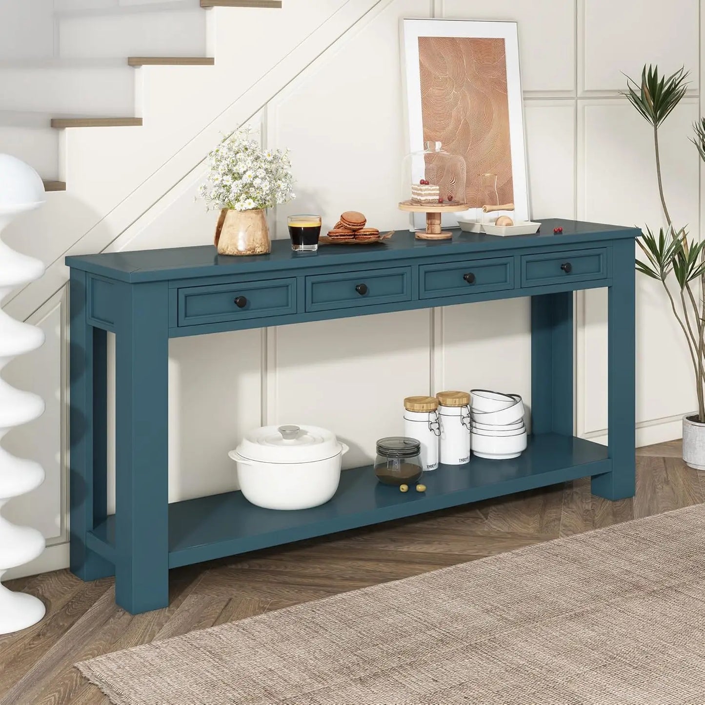 Console Table with 4 Storage Drawers Bottom Shelf, Rustic Distressed Sofa Table for Entryway Hallway, Assembly, Customized