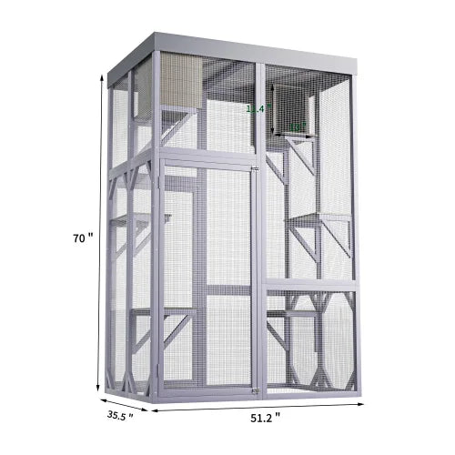 Wooden Cat Enclosure (Outdoor/Indoor): 4 Platforms, 2 Napping Houses, 2 Locks, Rounded Corners