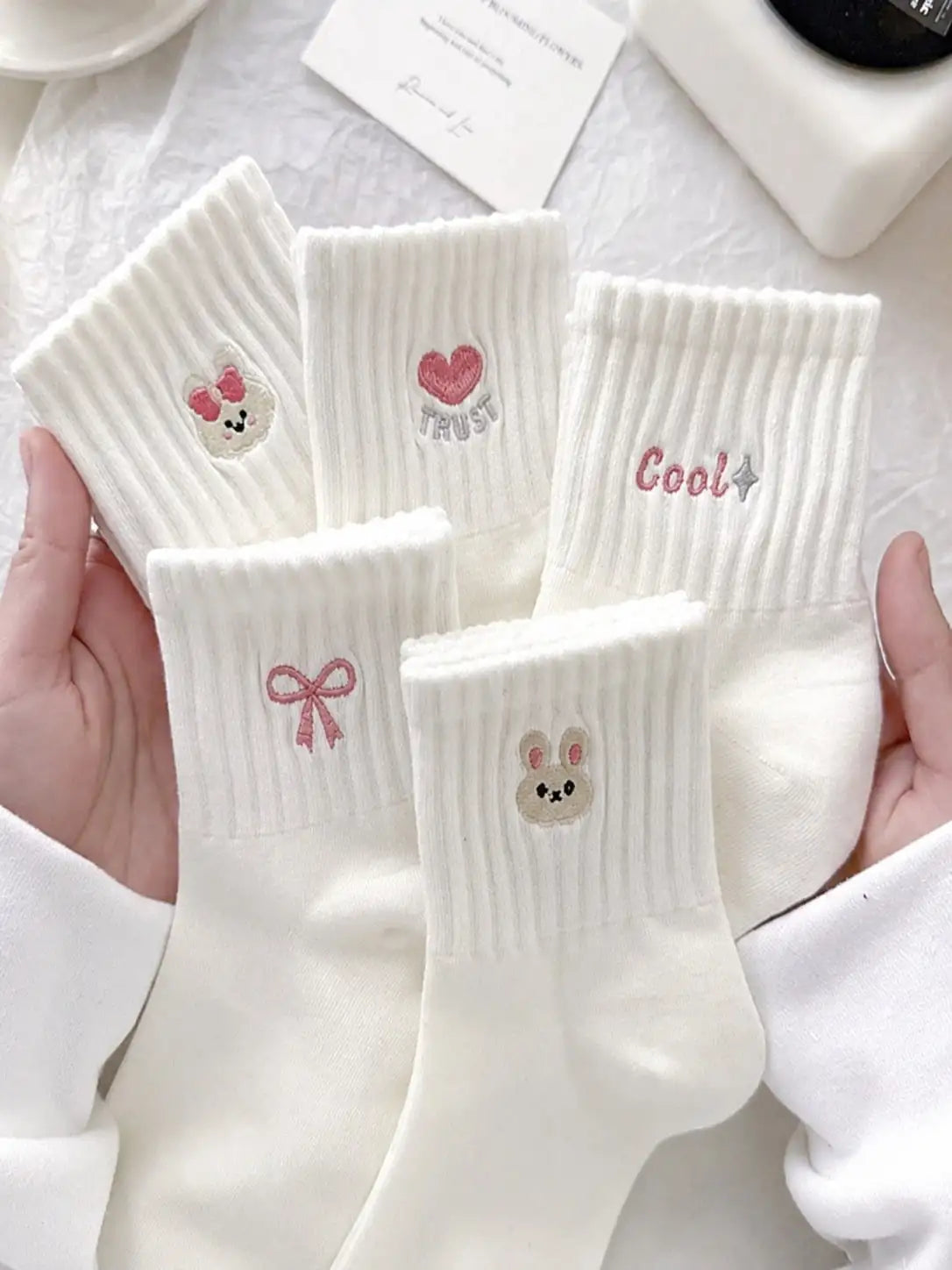 5 Pairs Women's Cute Bow & Floral Pattern Short Socks, Fashionable College Style, Comfortable & Breathable, Versatile For Daily, Sports, Casual Wear, Suitable For Spring, Summer, Autumn