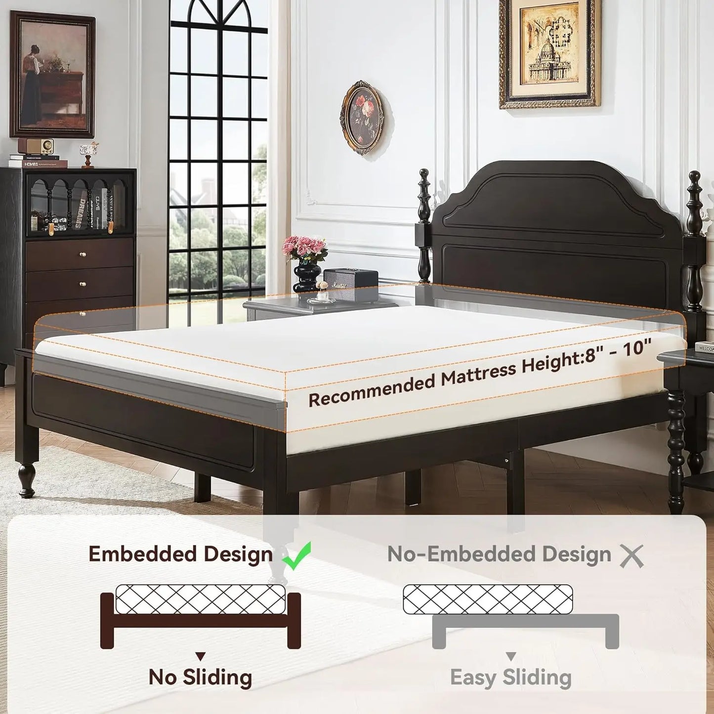 Solid Wood Bed Frame Queen Size, Wooden Retro Style Queen Bed Frame with Headboard and Footboard, Heavy Duty Bed Frame