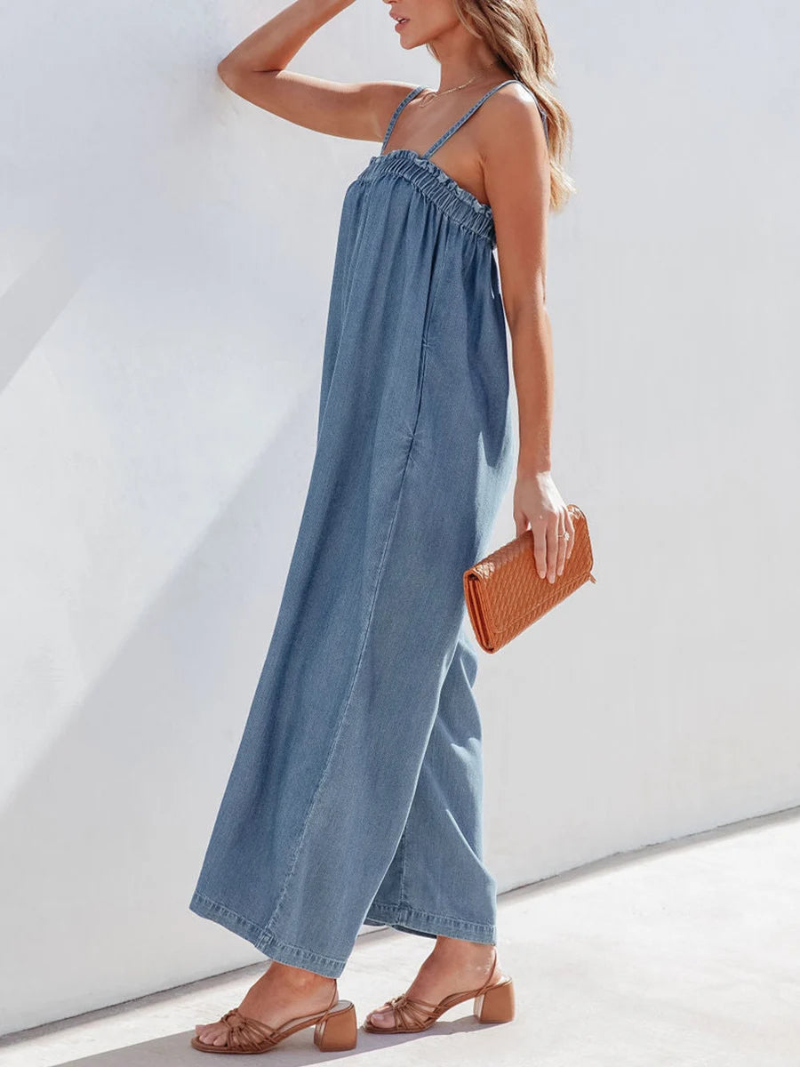Women’s Denim Long Jumpsuit Casual Spaghetti Strap Solid Color Wide Leg Romper Pants