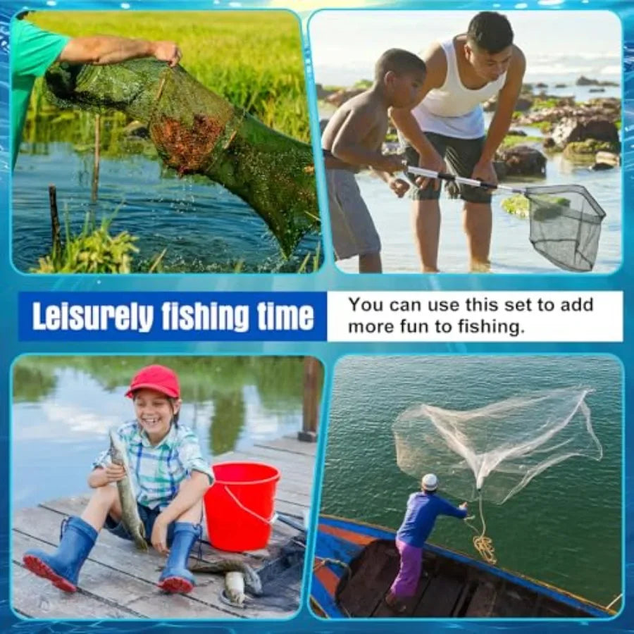 Fishing Crabbing Kit for Summer Pier Beach Use: Nylon Cast Net, Galvanized Steel Traps Lines, Blue Crab Cage, Green Butterfly N