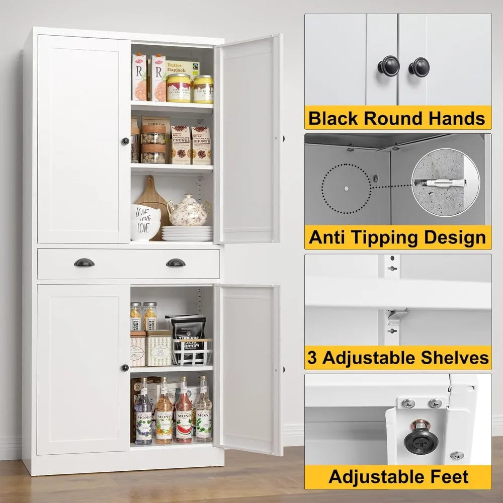 71” Food Pantry Storage Cabinet with Drawer,White Metal Kitchen Cupboard Cabinet with Doors and Adjustable Shelves