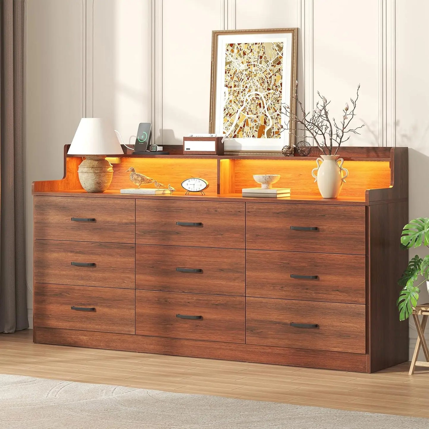 9 Drawer Dresser with Built-in Power Outlet, Mid Century Modern Chest of Drawers for Bedroom,63'' Triple Wide Dresser Storage