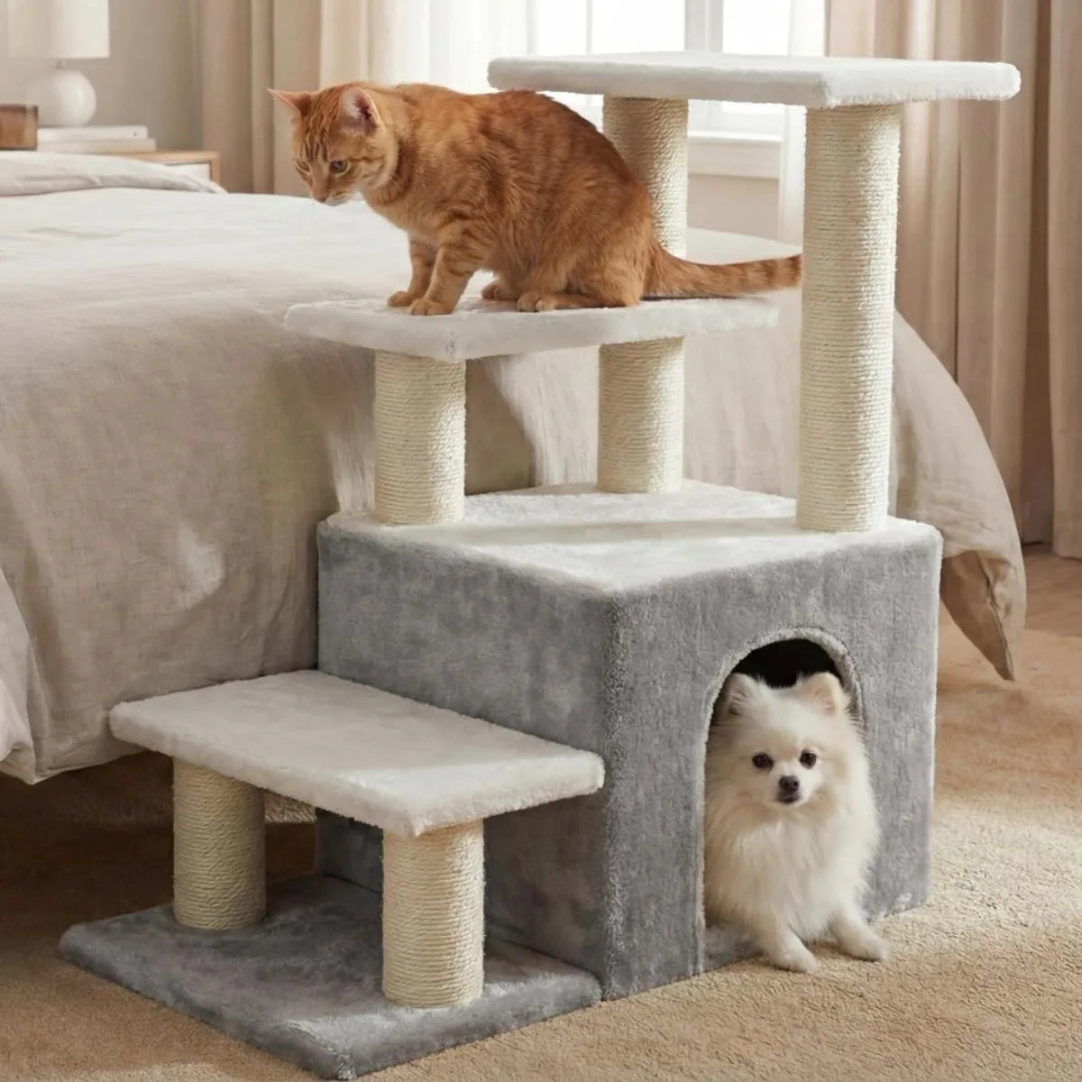 Pet Stairs for Cats and Small Dogs 29.5 inch High Steps with Condo Cave and Sisal Scratchers for Indoor Use