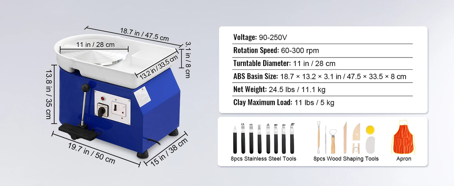 SucceBuy 11in Pottery Wheel Ceramic Forming Machine Adjustable 60-300RPM Speed Handle Foot Pedal Control ABS Detachable Basin