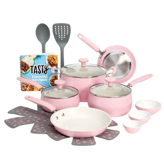 Clean Ceramic 16 Piece Non-Stick Aluminum Cookware Set, Pink