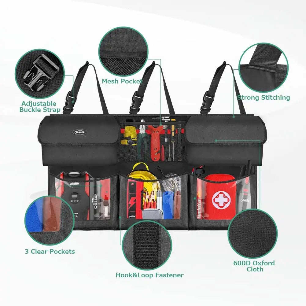 Foldable Car Trunk Organizer with 6 Pockets and Adjustable Straps, 40x19inch Cargo Storage for Back Seat