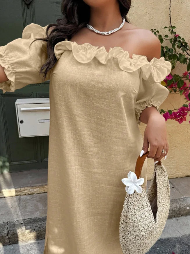 Plus Size Women's Slouchy Slimming Beach Vacation Dress, Off-Shoulder Puff Sleeve Loose Hem Slit Dress