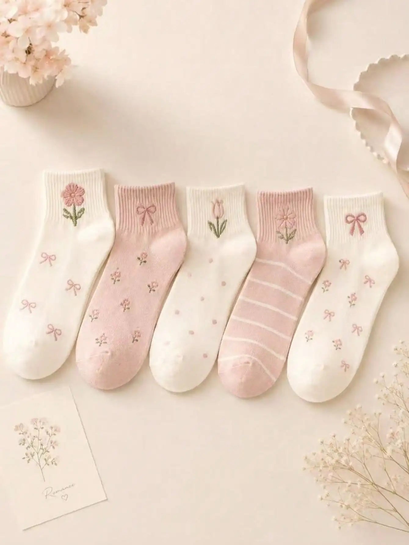 5 Pairs Women's Cute Bow & Floral Pattern Short Socks, Fashionable College Style, Comfortable & Breathable, Versatile For Daily, Sports, Casual Wear, Suitable For Spring, Summer, Autumn