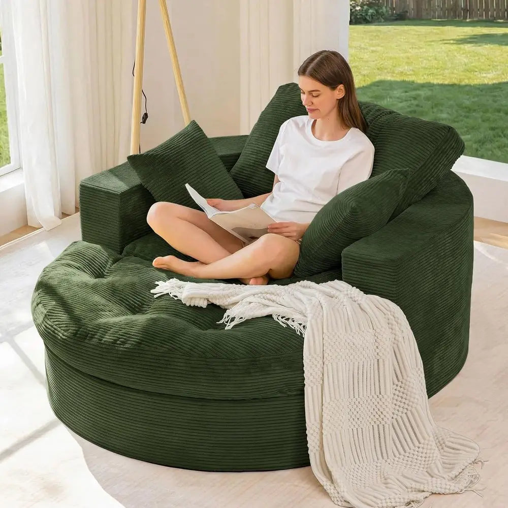 Large Round Upholstered Chaise Lounge Sofa with 3 Pillows, Ottoman, Deep Seating Sleeper Chair for Living Room or Bedroom, No As