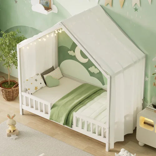 Montessori Floor Bed with Canopy, Twin Bed Frame for Kids, House Shape Toddler Bed Frame with High Railings