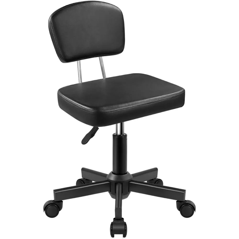 Height Adjustable Rolling Stool with Backrest 360 Swivel Wheels Square PU Leather Seat for Home Office Salon Counter