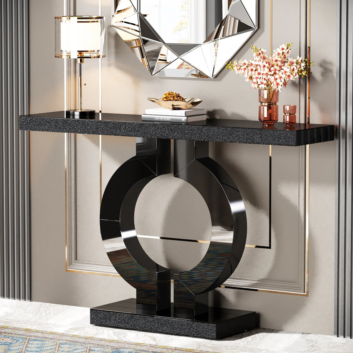 43-Inch Modern Mirrored Console Table, Glass Sofa Table  Entryway Table O-Shaped Base