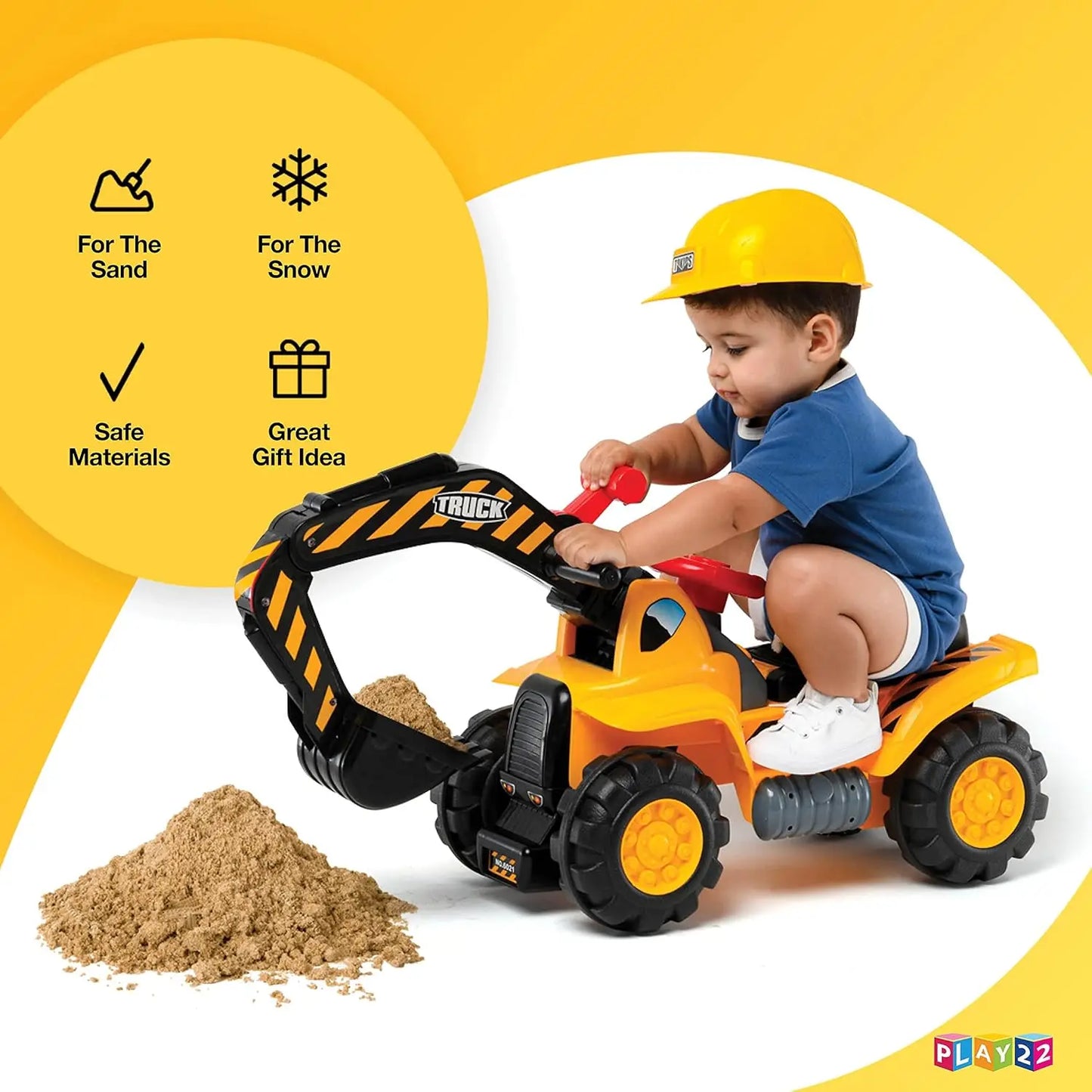 Toy Tractors for Kids Ride On Excavator - Music Sounds Digger Scooter Bulldozer Includes Helmet with Rocks - Pretend Play - Todd