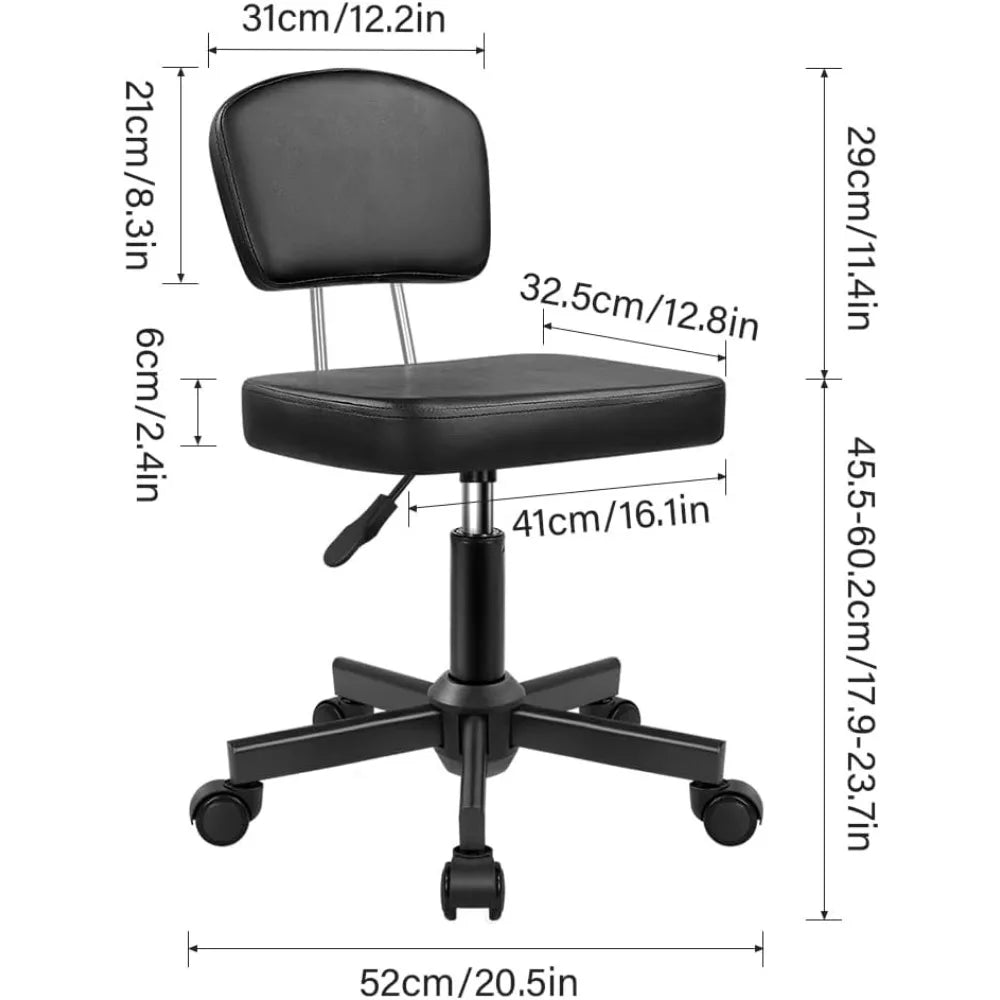 Height Adjustable Rolling Stool with Backrest 360 Swivel Wheels Square PU Leather Seat for Home Office Salon Counter
