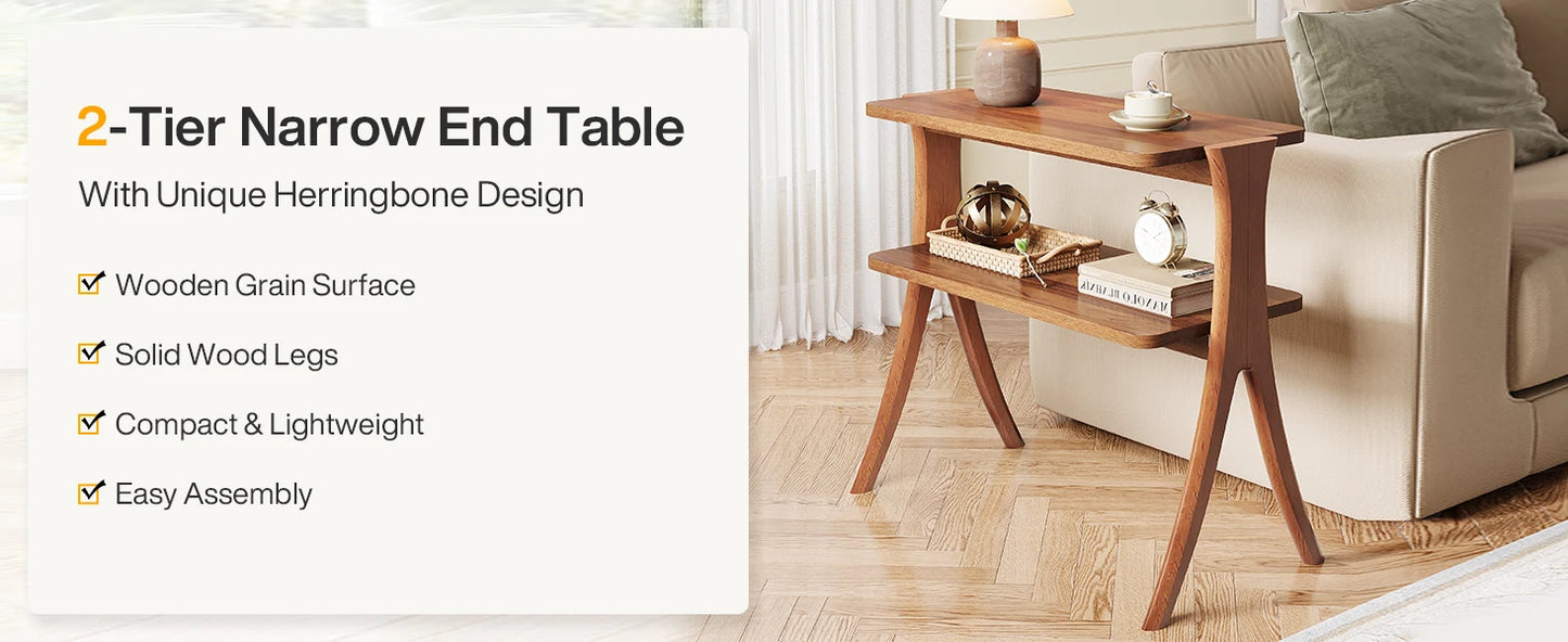 Side Table for Living Room, Farmhouse End Table with 2-Tier Storage Shelf and Solid Wood Legs, Nightstand for Bedroom