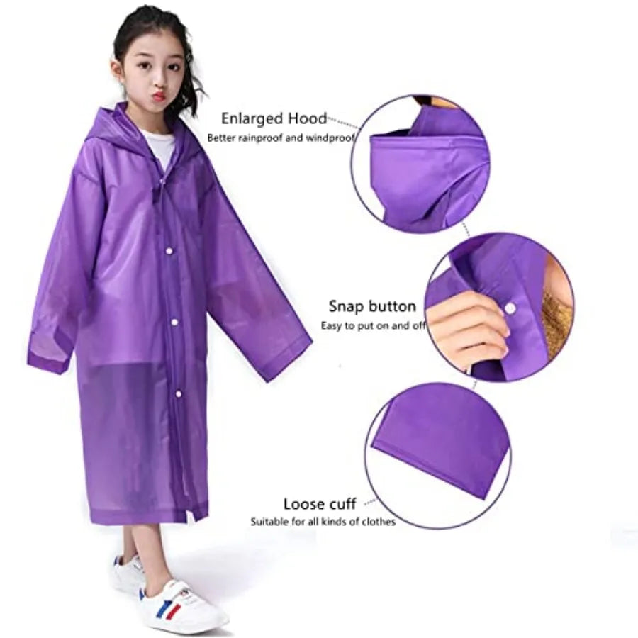 Rain Poncho, Reusable EVA Raincoat for 6-13 Girls Boys, Waterproof Rain Jackets Rainwear with Hood