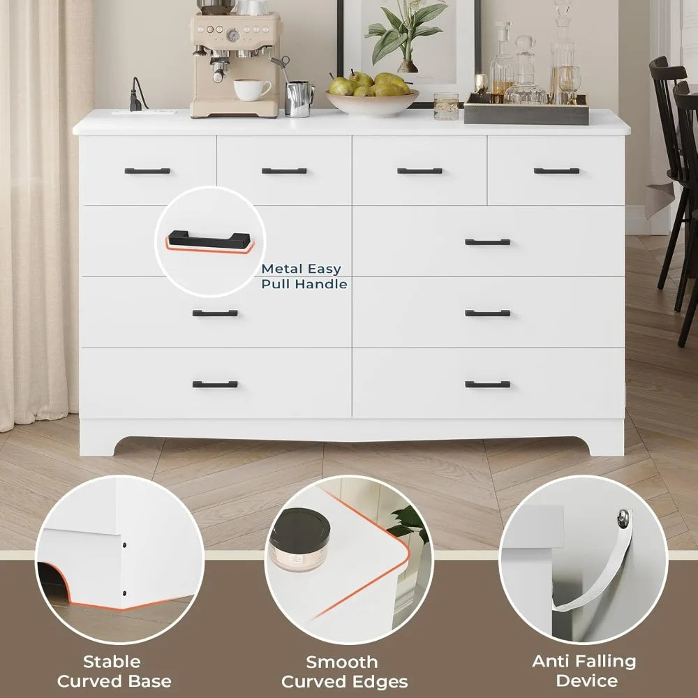 Home & Kitchen White Dresser for Bedroom with 10 Drawers, Large Chest of Drawers Storage Organizer, Long Dresser TV Stand
