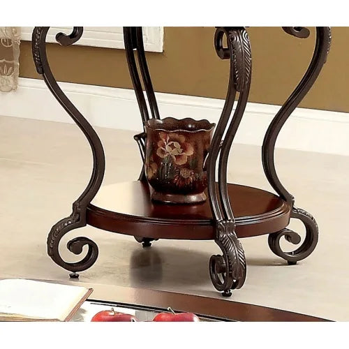 Traditional Brown Cherry End Table with Open Shelf and Ornate Scroll Legs