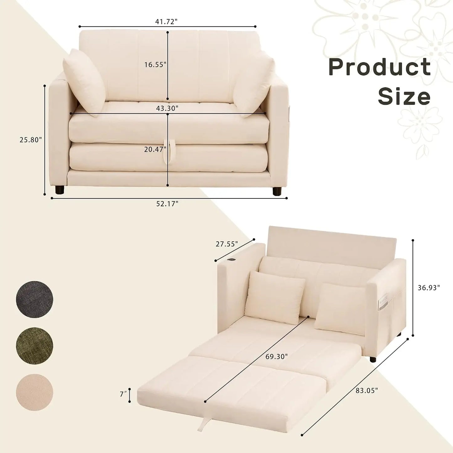 52" Convertible Loveseat Sofa Bed, 2 in 1 Sleeper Couch, Side Pockets, Space-Saving, Folding Sofa Bed with USB Port, Customized