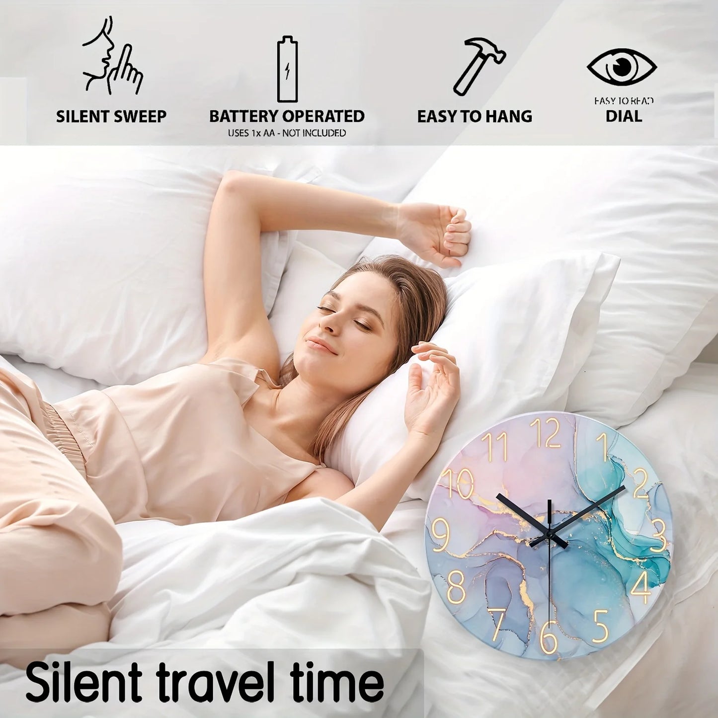 A Minimalist Modern High-End Watercolor Marble Texture Wall Clock with Silent Movement, Featuring 4MM Thick Tempered Glass, Suit