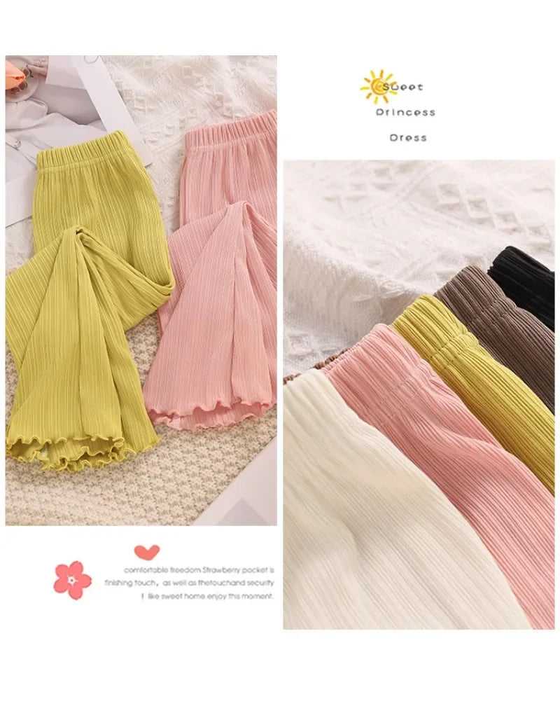 Children Summer Solid Color Thin Ribbed Knit Flared Pants Girls Casual Trousers Korea Fashion Pants Girl Princess Style Capris