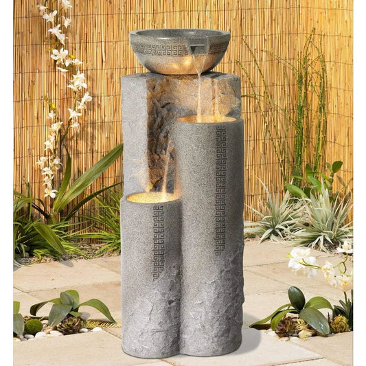 Bowl and Pillar Zen Modern Outdoor Floor Water Fountain 34 1/2" High with LED Light Cascading for Garden Patio Backyard Deck Hom
