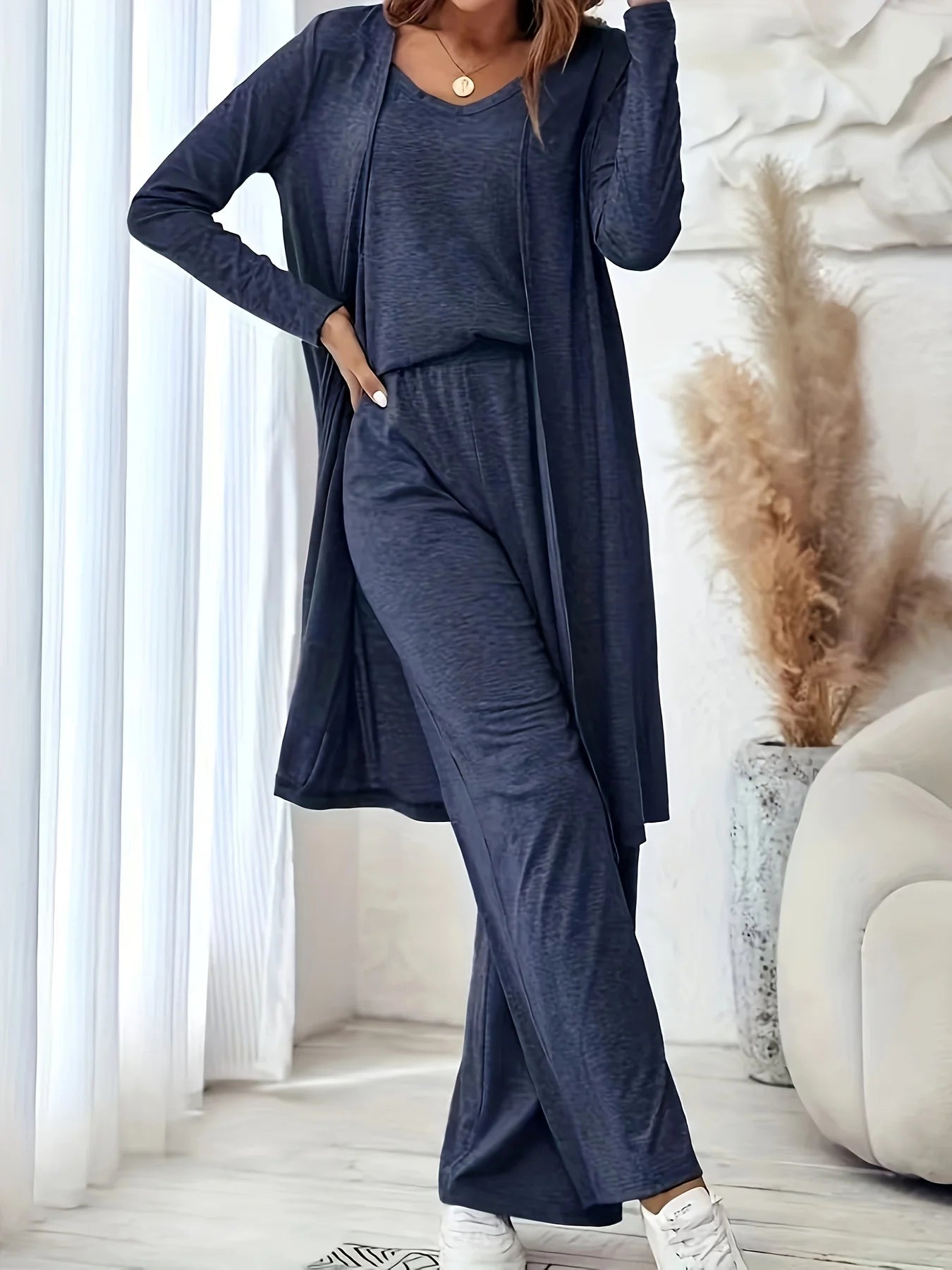 Plus size women's lazy loungewear knit 3-piece set; mixed color textured tank top, long cardigan, high-waisted pocket wide-leg pants loose set