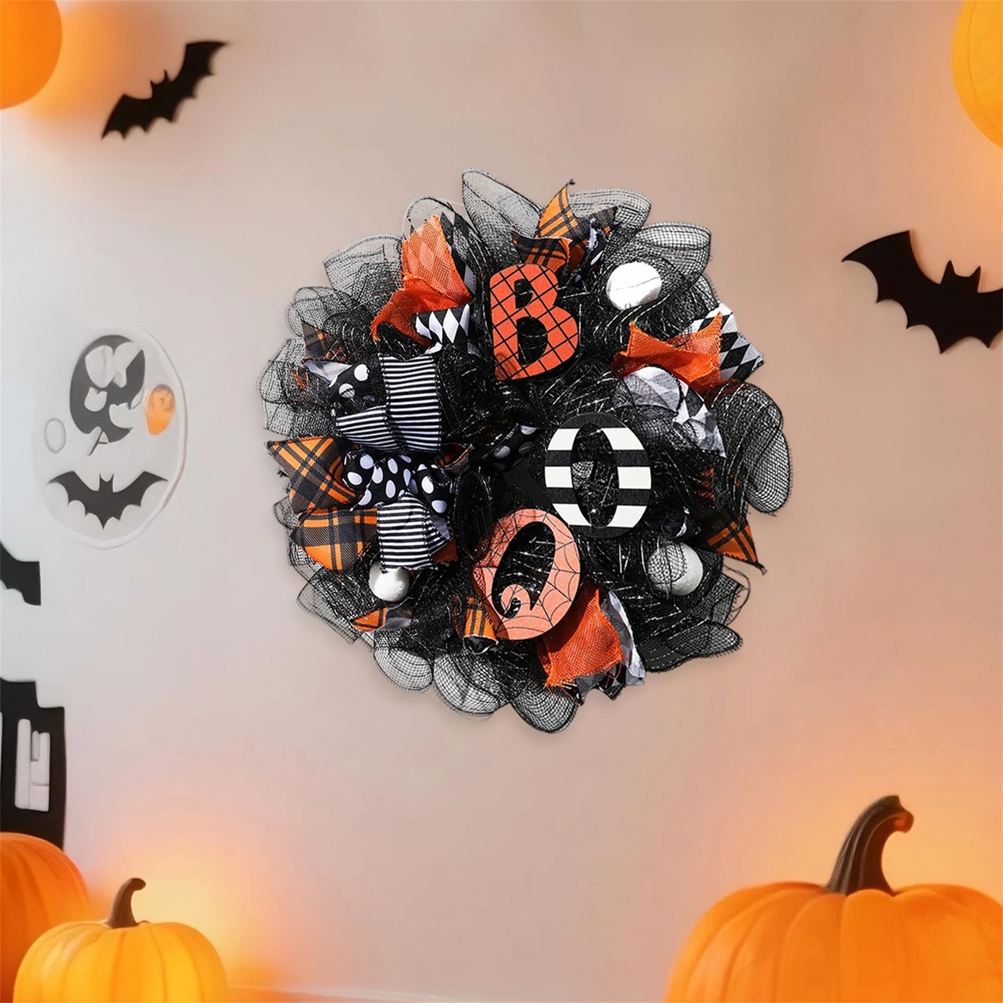 Spooky Halloween Wreath with LED Lights Festive Indoor Outdoor Decorative Garland for Front Door Party Decorations