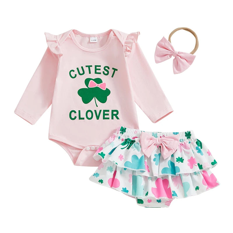 St Patrick s Day Toddler Girl Green Shamrock Print Long Sleeve Romper Ruffle Shorts Headband 3-Piece Outfit Set