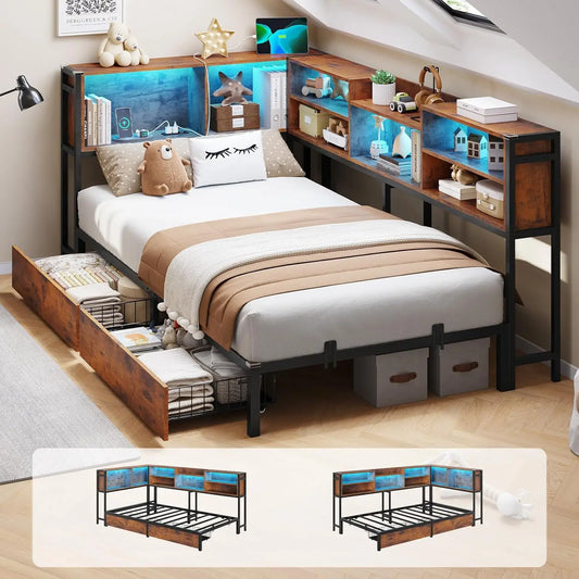 Twin Size Corner Bed Frame with Bookcase Storage and Led Lights Metal Platform Beds with 2 Drawers and Charging Station