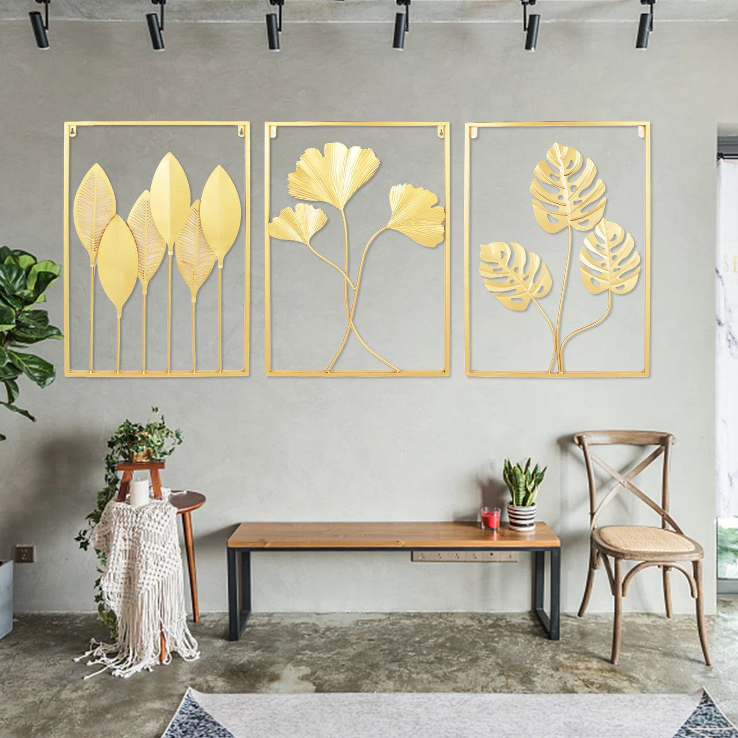 3-Piece Gold Leaf Wall Art Set, 3D Hollow Iron Panel Decor, Modern Abstract Leaf Design for Living Room Bedroom