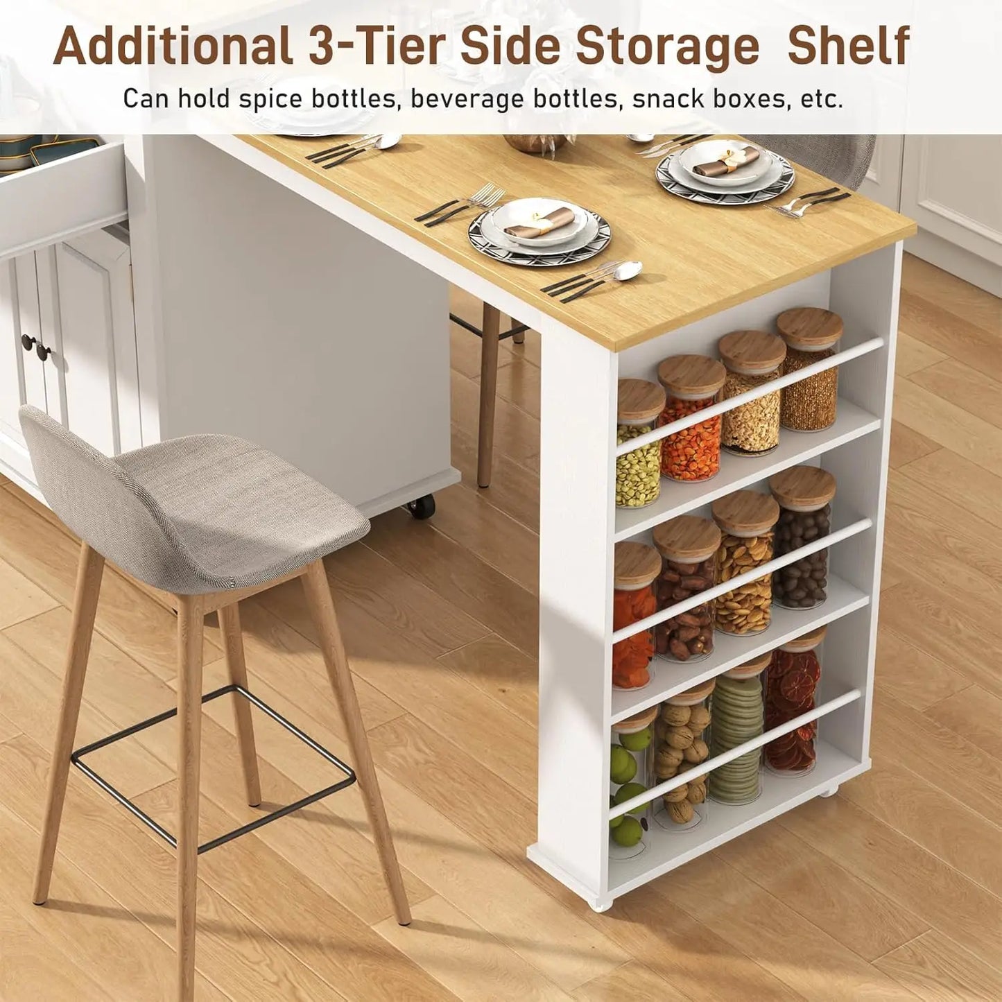 80"-48" Extendable Kitchen Island with Extended Dining Table and Power Outlet,Large Mobile Kitchen Storage Islands with, Custom