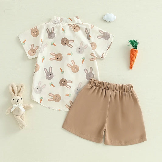 Easter Bunny Print Toddler Boy Short Set with Short Sleeve Button-up Shirt and Elastic Waistband Shorts Featuring Pockets