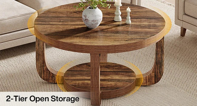 Tribesigns Round Coffee Table, 2-Tier Circle Coffee Table with Storage, Modern Wooden Accent Center Table for Living Room