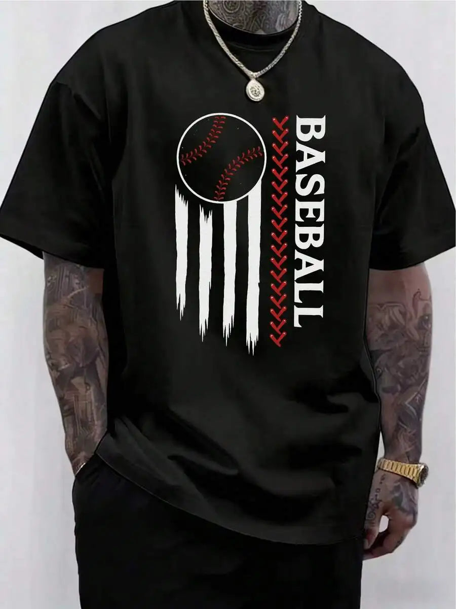 Mens Baseball Graphic Tee With Ball And Stripe Print Short Sleeve Casual Summer Shirt