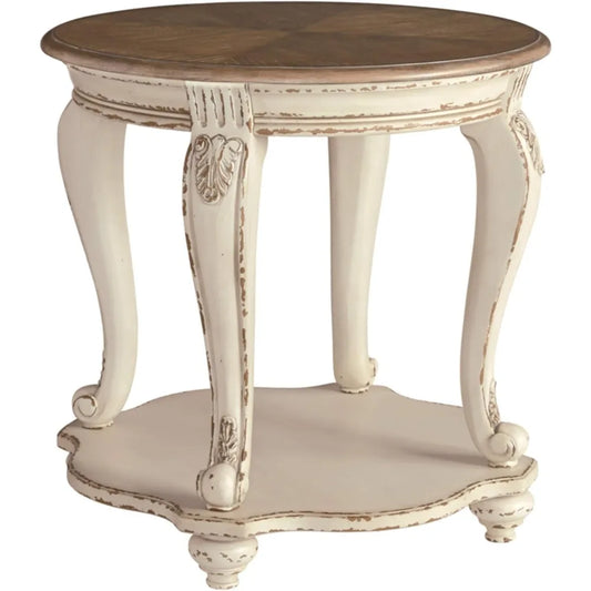 realyn french country two tone round end table, chipped white