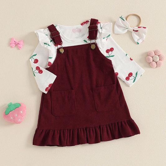 Toddler Girls 3-Piece Outfit Floral Print Long Sleeve Romper with Suspender Skirt and Matching Bow Headband Autumn Set