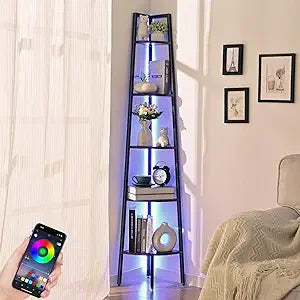 Corner Shelf, 5-Tier Corner Bookshelf with LED Light, 67.5in Corner Shelves for Bedroom, Tall Standing Shelf with Steel Frame,