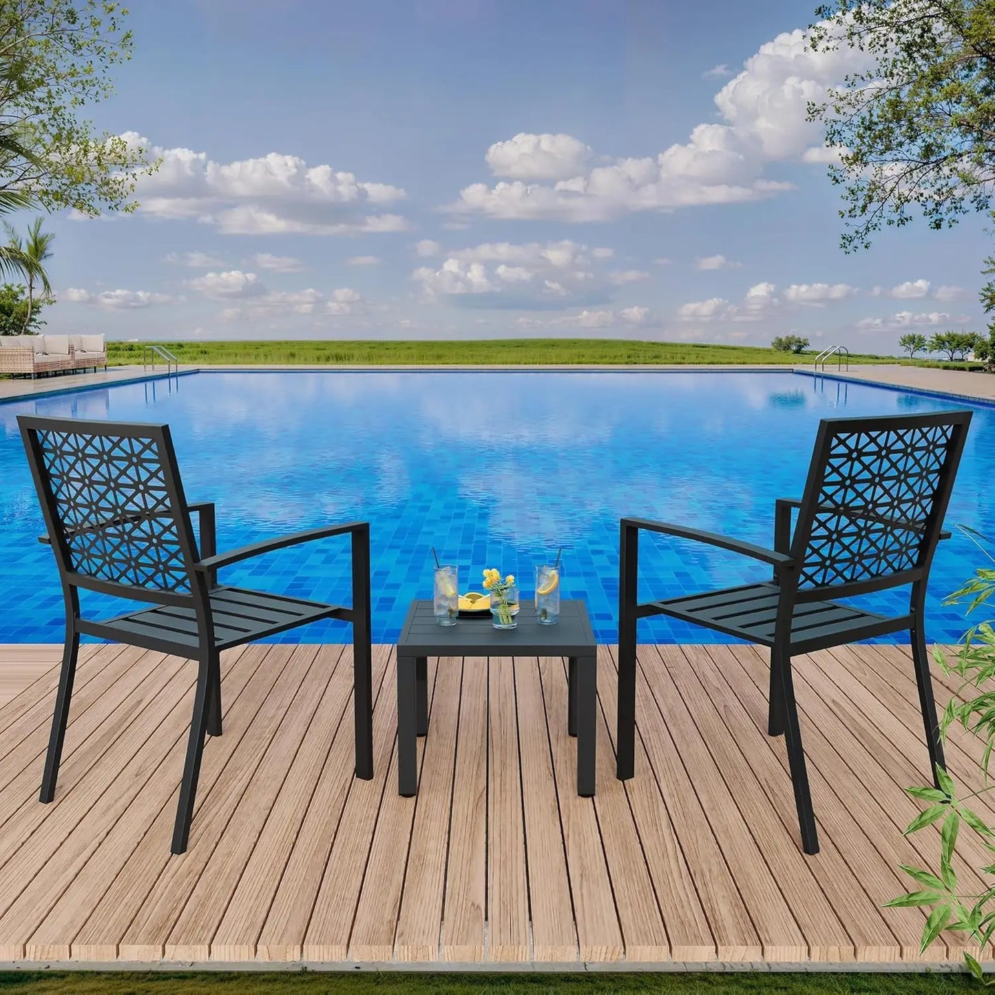 3-Piece Outdoor Bistro Set,Stackable Modern Metal Patio Furniture Set, 2 Chairs&Coffee Table,for Backyard Balcony Garden Lawn