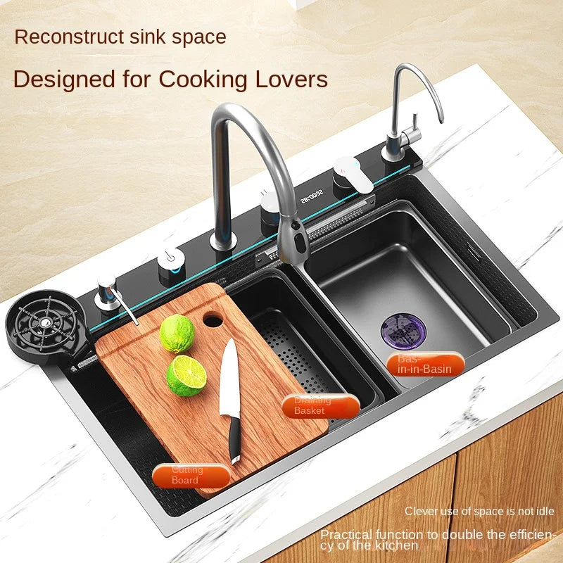 Easy Clean Digital Display Extra Large Single Bowl Hot Sale Stainless Steel Waterfall Kitchen Sink Home Vegetable Washing Sink