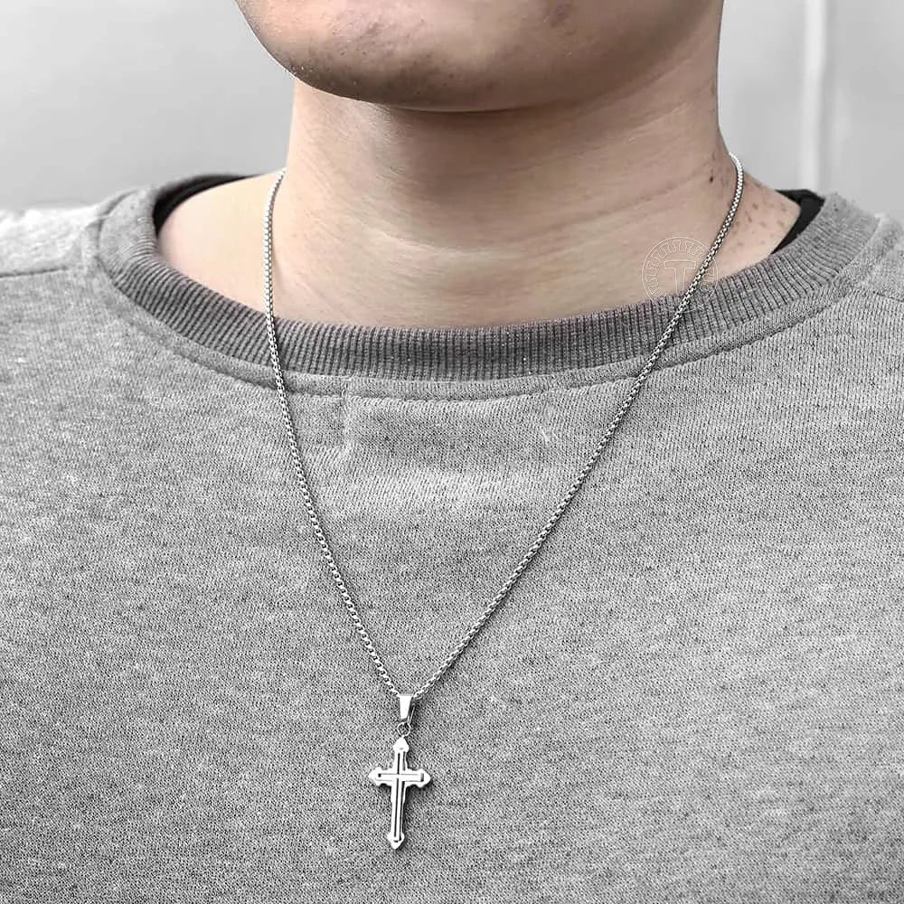 Hermah Stainless Steel Cross Pendant Necklace for Men Women Gold Silver Color Double Layers Cross Necklace Religious Jewelry